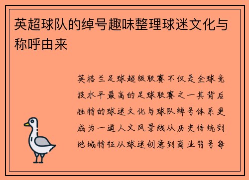 英超球队的绰号趣味整理球迷文化与称呼由来