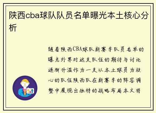 陕西cba球队队员名单曝光本土核心分析
