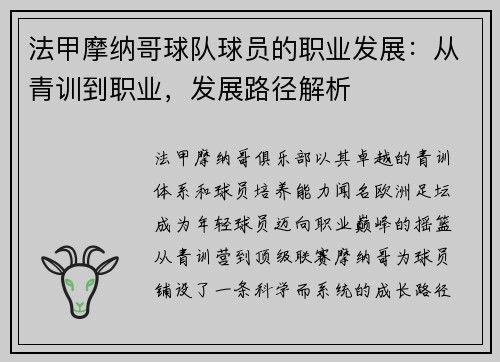 法甲摩纳哥球队球员的职业发展：从青训到职业，发展路径解析